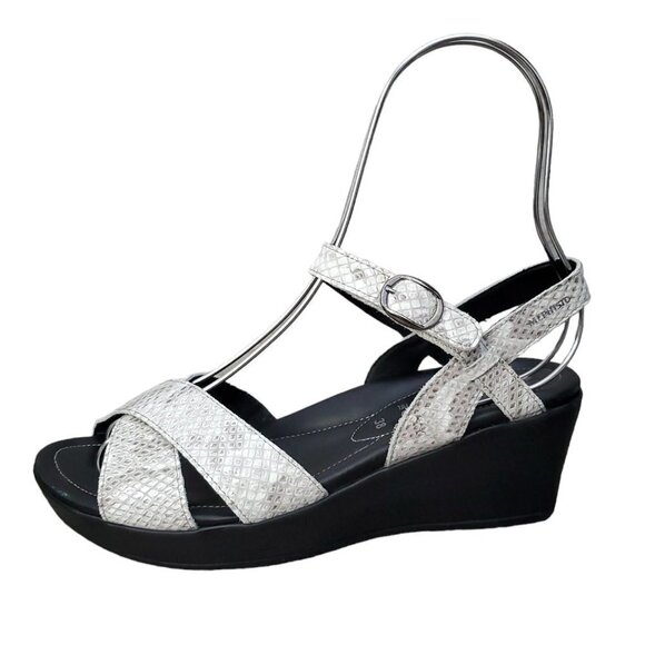 Mephisto Grey Leather Snake Print Wedge Sandals - Picture 1 of 16
